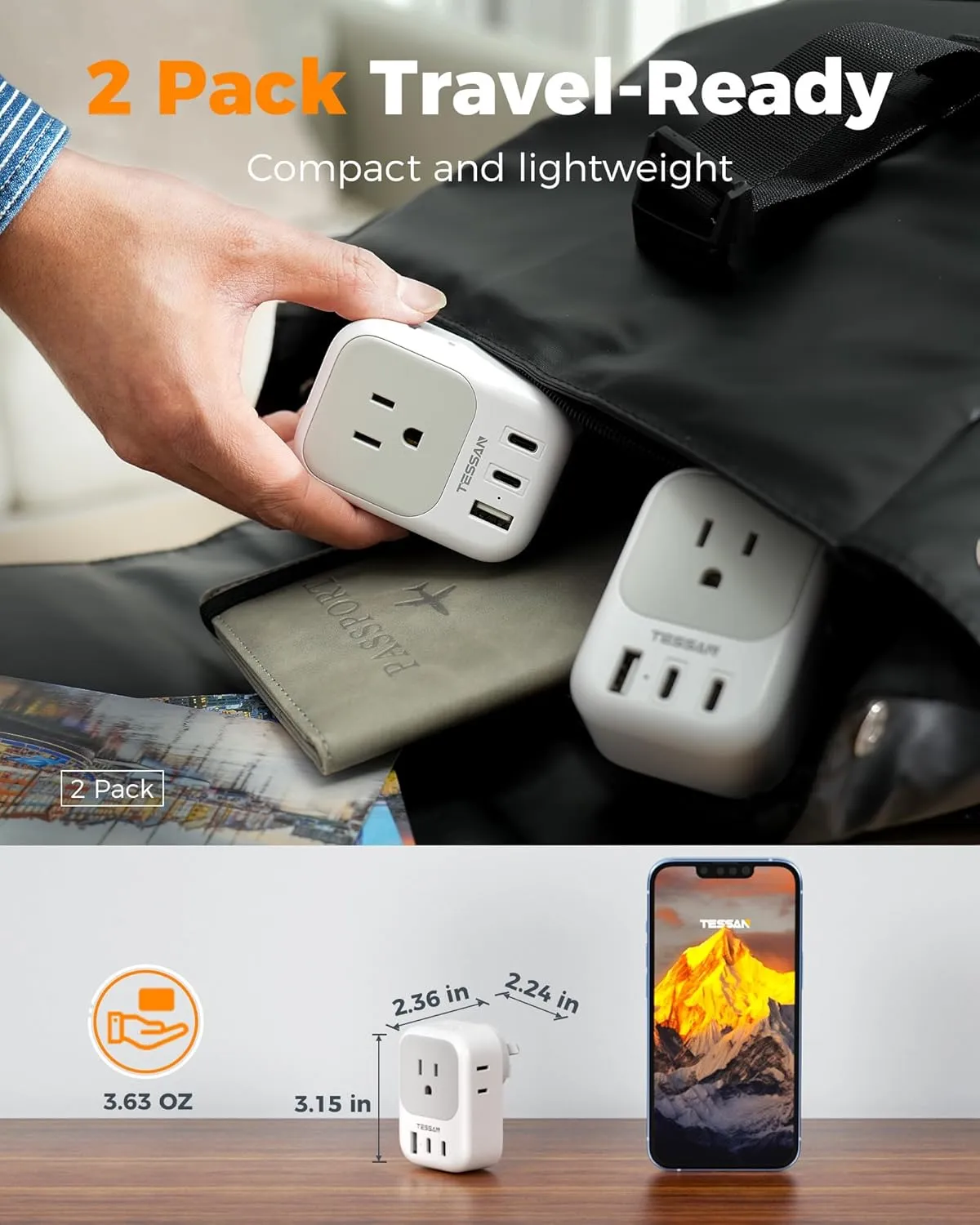 Australia New Zealand Power Adapter 2 Pack, TESSAN Australian Travel Adaptor with 4 Outlets 3 USB (2 USB-C), Type I Plug Adapter for US to Argentina China Fiji Samoa Tonga Kiribati
