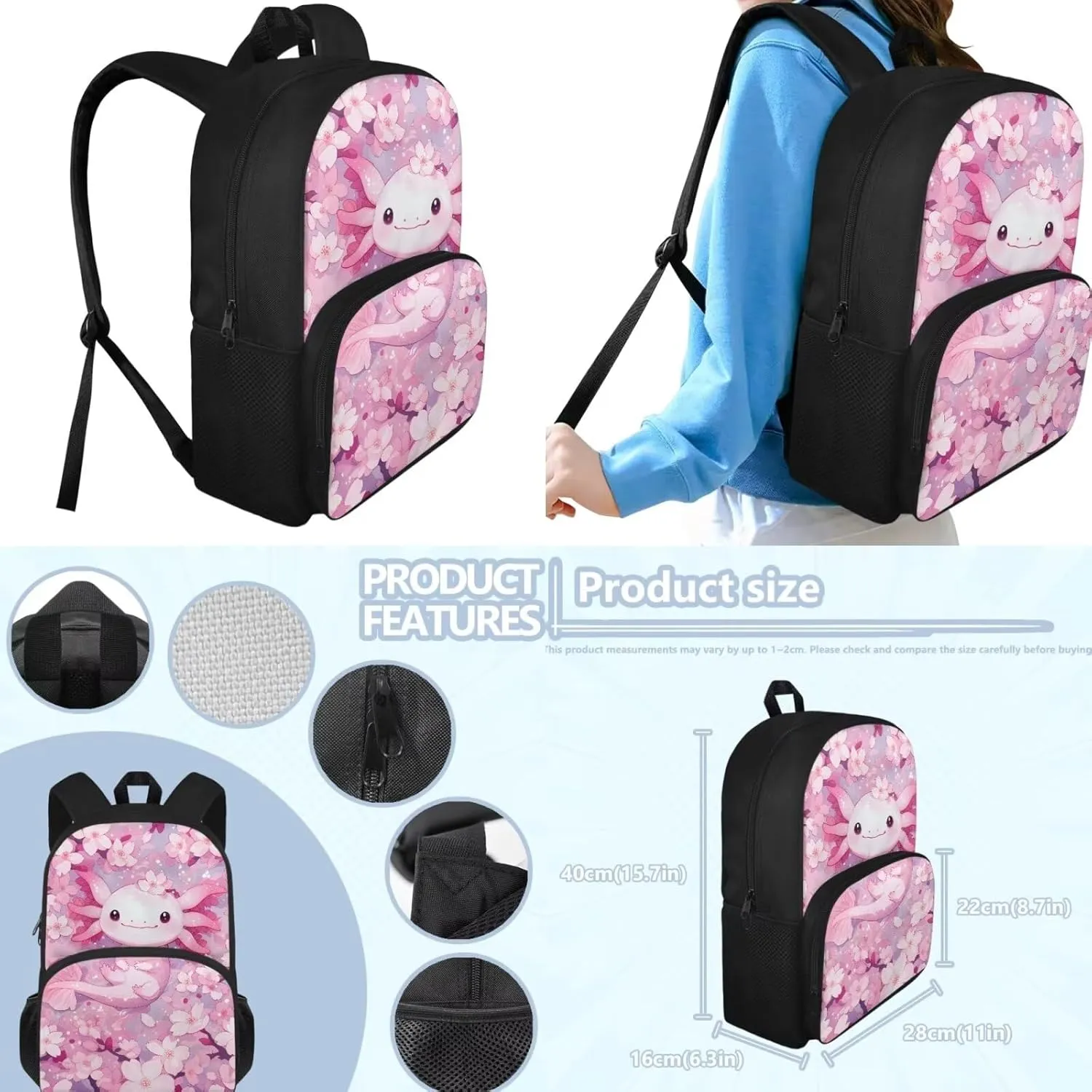Axolotl School Bag and Lunch Bag Set for Toddler Girls 6-12 Kids Kindergarten Schoolbags Cherry Blossom Cute Large Book Bag Elementary Daycare Bags Lightweight Travel Duffel Bag Back Packs