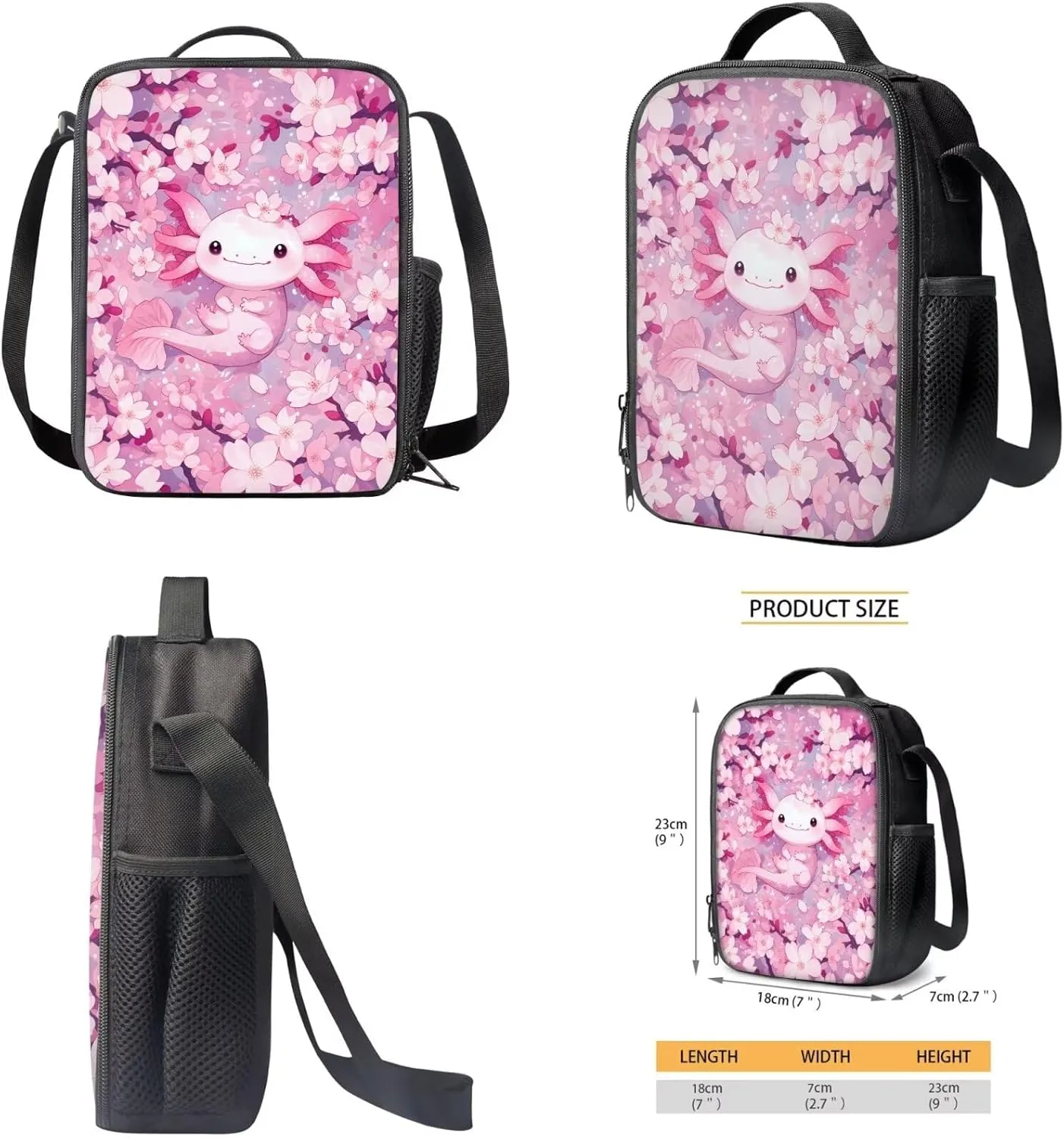 Axolotl School Bag and Lunch Bag Set for Toddler Girls 6-12 Kids Kindergarten Schoolbags Cherry Blossom Cute Large Book Bag Elementary Daycare Bags Lightweight Travel Duffel Bag Back Packs