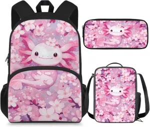 Axolotl School Bag and Lunch Bag Set for Toddler Girls 6-12 Kids Kindergarten Schoolbags Cherry Blossom Cute Large Book Bag Elementary Daycare Bags Lightweight Travel Duffel Bag Back Packs