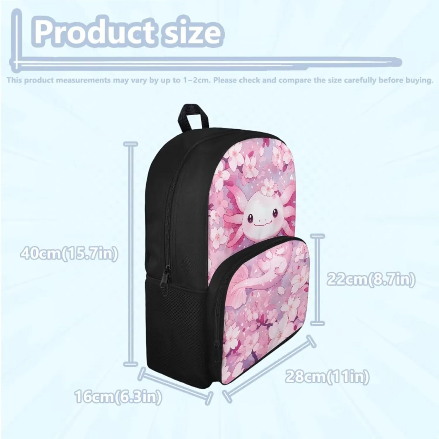 Axolotl School Bag and Lunch Bag Set for Toddler Girls 6-12 Kids Kindergarten Schoolbags Cherry Blossom Cute Large Book Bag Elementary Daycare Bags Lightweight Travel Duffel Bag Back Packs