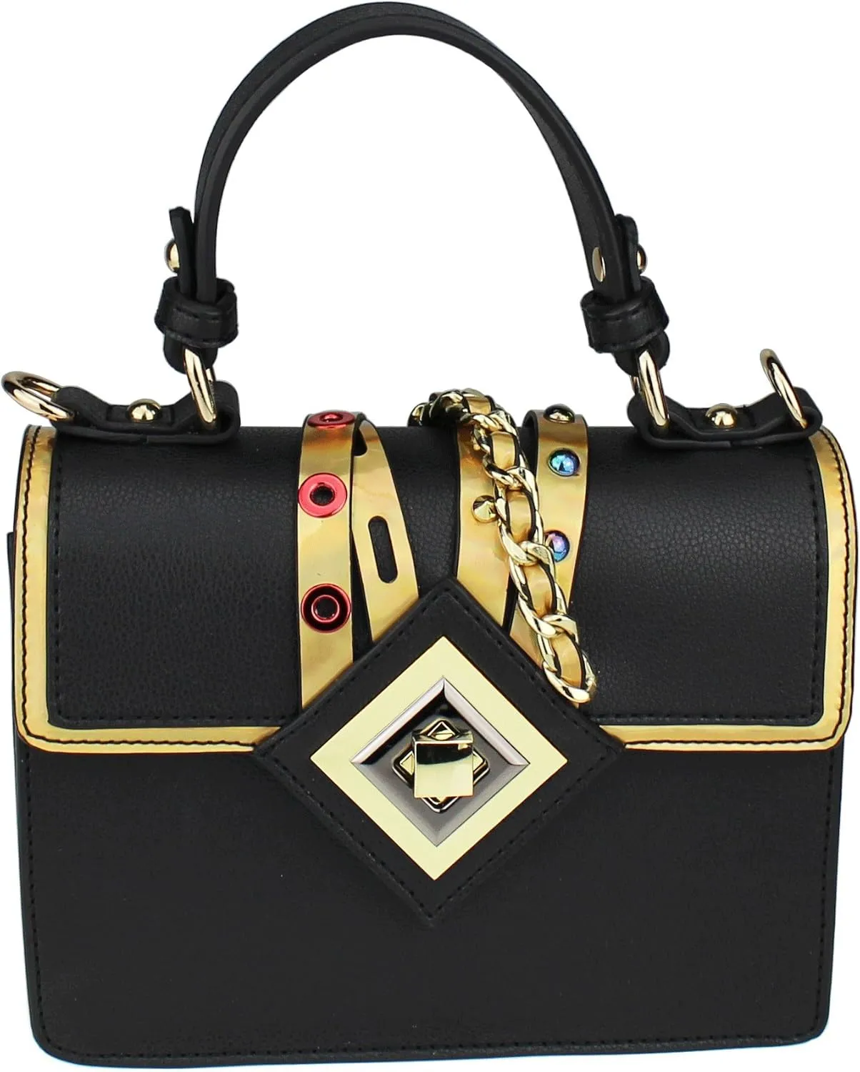 B BRENTANO Vegan Medium Crossbody Top Handle Purse with Metallic Trim