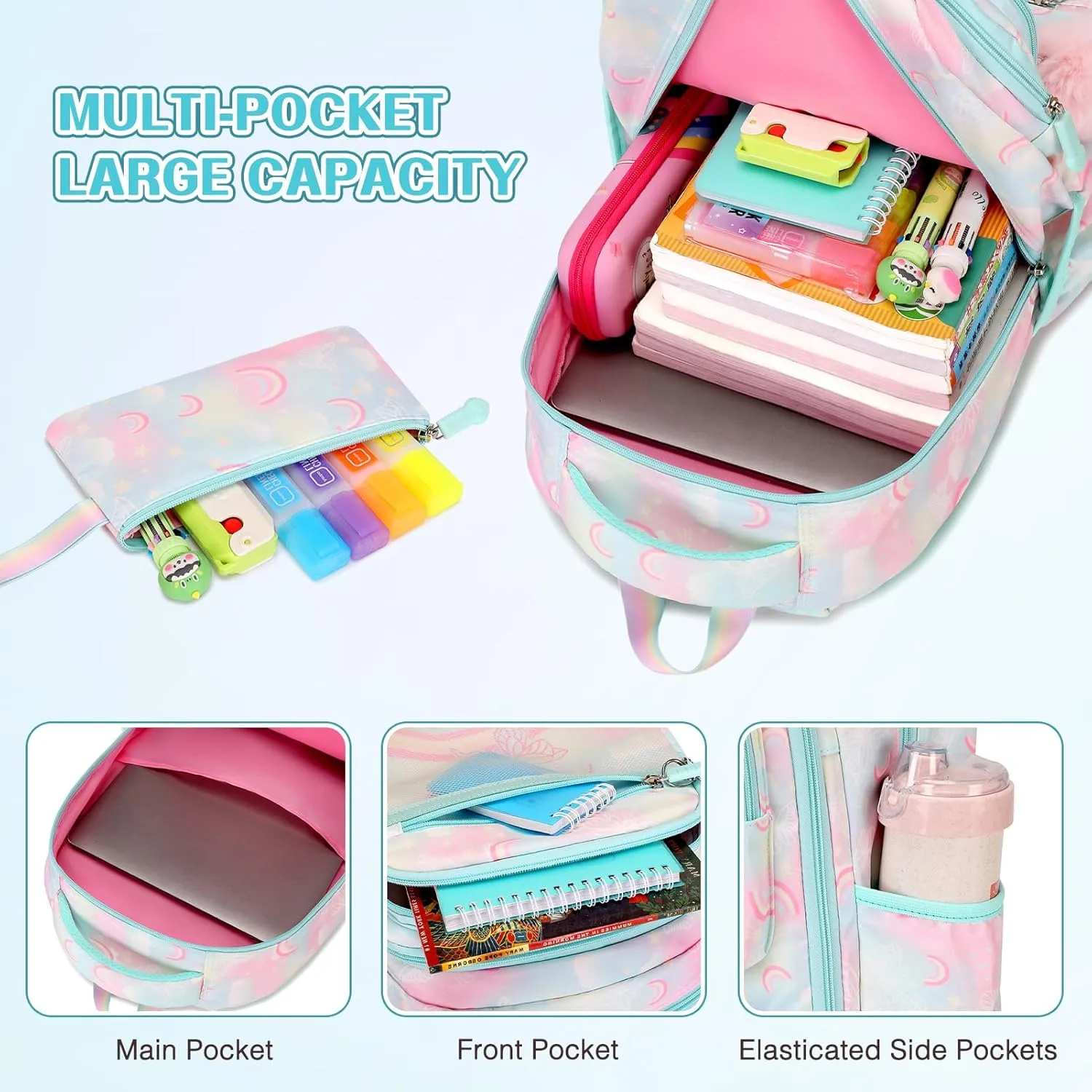 Backpack for Girls, Rainbow Butterfly Girls Backpacks with Lunch Bag Pencil Case Set, Kids Backpack Kindergarten Elementary Middle School Book Bag for Teen Girls Children Students, Green