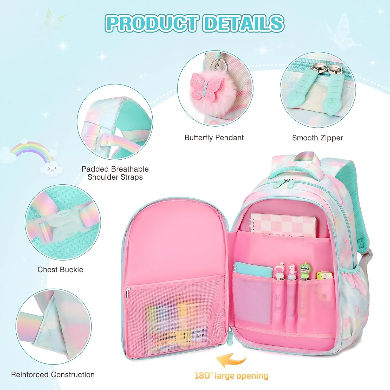 Backpack for Girls, Rainbow Butterfly Girls Backpacks with Lunch Bag Pencil Case Set, Kids Backpack Kindergarten Elementary Middle School Book Bag for Teen Girls Children Students, Green