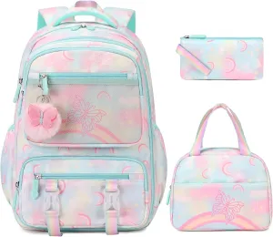 Backpack for Girls, Rainbow Butterfly Girls Backpacks with Lunch Bag Pencil Case Set, Kids Backpack Kindergarten Elementary Middle School Book Bag for Teen Girls Children Students, Green