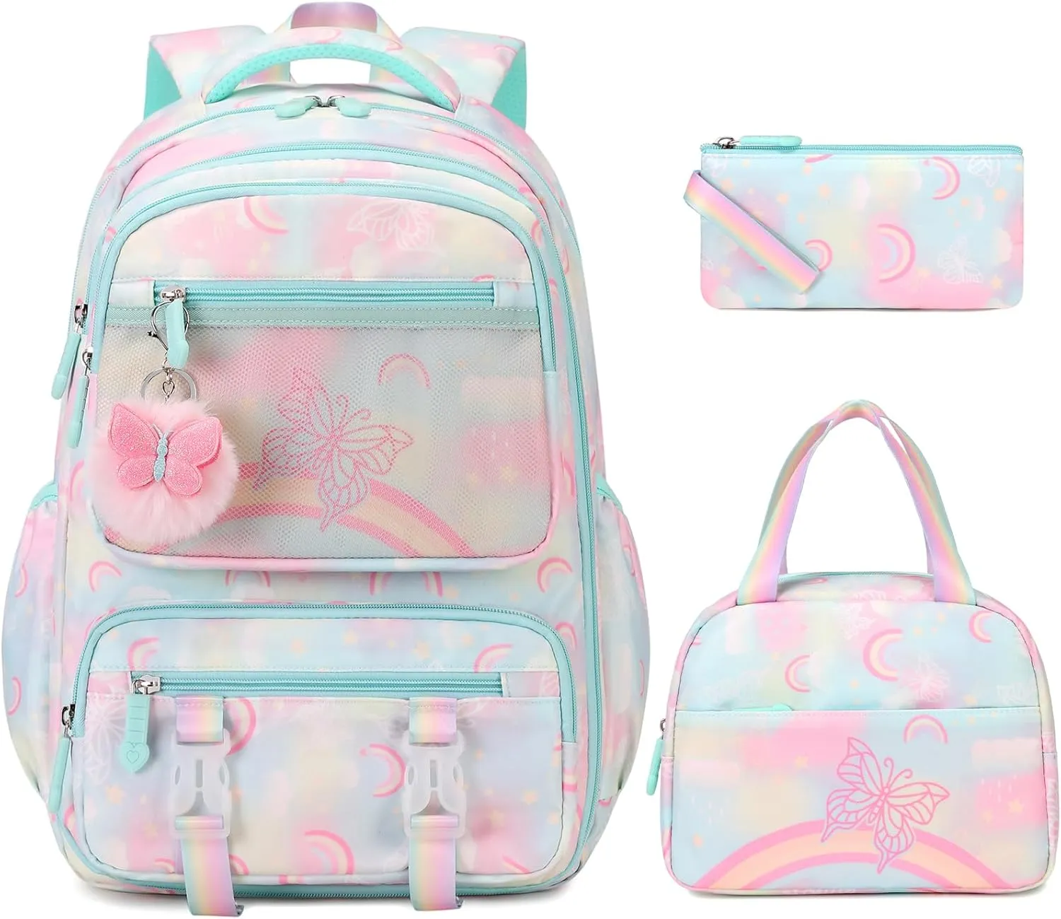 Backpack for Girls, Rainbow Butterfly Girls Backpacks with Lunch Bag Pencil Case Set, Kids Backpack Kindergarten Elementary Middle School Book Bag for Teen Girls Children Students, Green