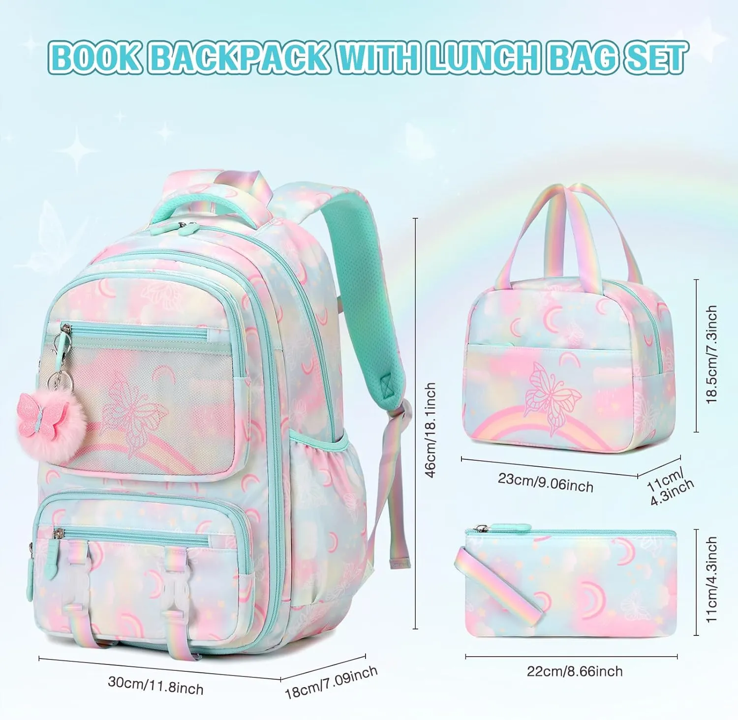 Backpack for Girls, Rainbow Butterfly Girls Backpacks with Lunch Bag Pencil Case Set, Kids Backpack Kindergarten Elementary Middle School Book Bag for Teen Girls Children Students, Green