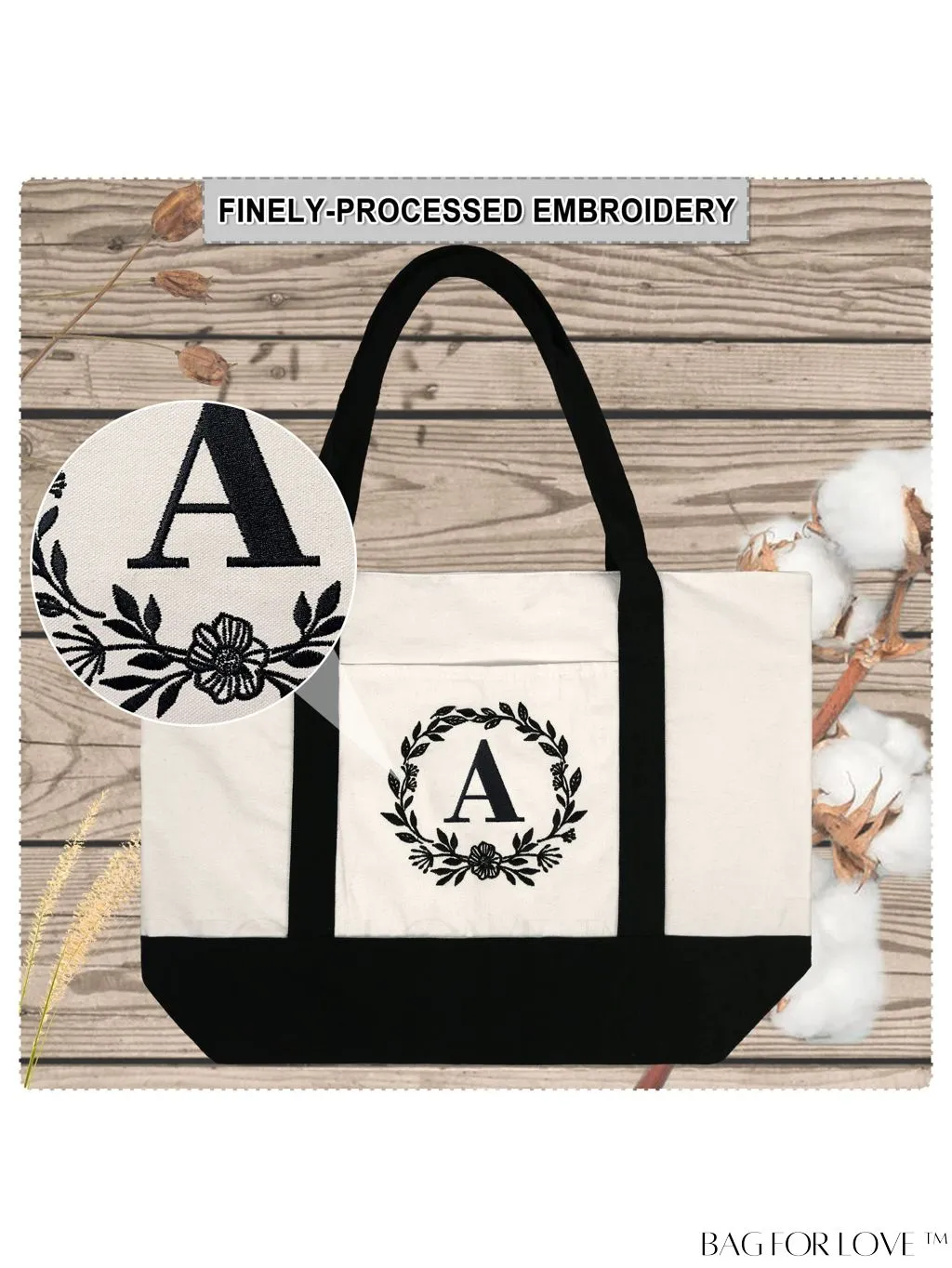 BagForLove - BeeGreen Personalized Canvas Tote Bag with Zipper Closure â Embroidered Monogram, Inner & Front Pockets