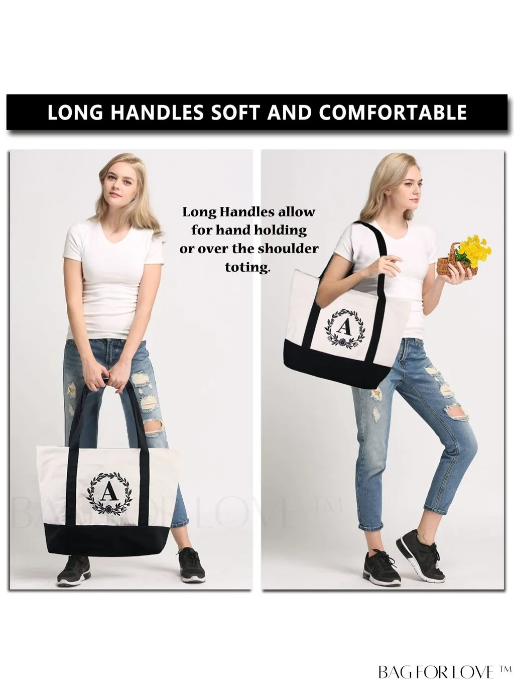 BagForLove - BeeGreen Personalized Canvas Tote Bag with Zipper Closure â Embroidered Monogram, Inner & Front Pockets