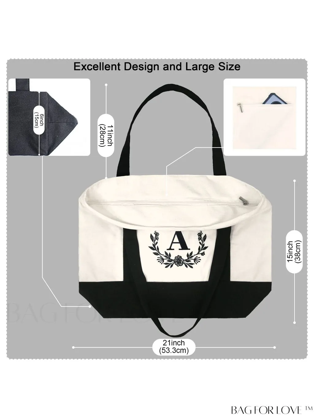 BagForLove - BeeGreen Personalized Canvas Tote Bag with Zipper Closure â Embroidered Monogram, Inner & Front Pockets