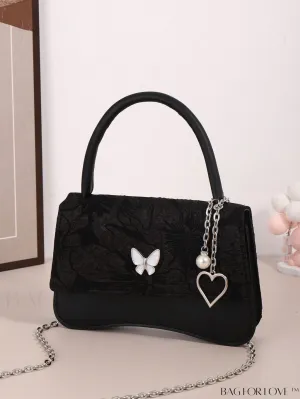 BagForLove - Black Square Mini Butterfly Flap Bag with Decorative Detail
