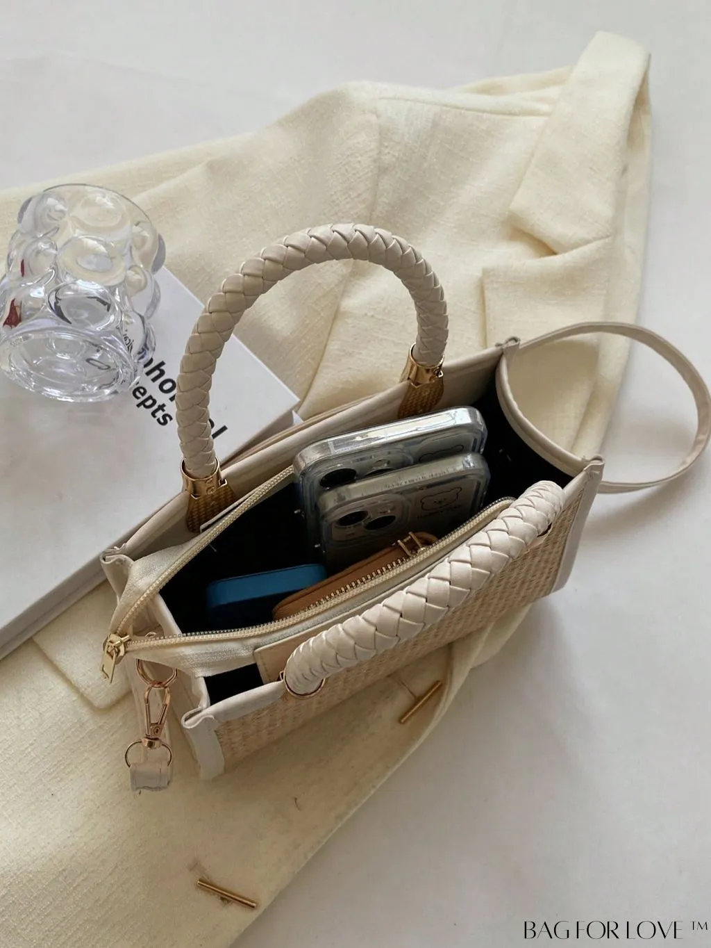 BagForLove - Braided Mini Straw Bag with Zipper Closure and Contrast Binding Detail