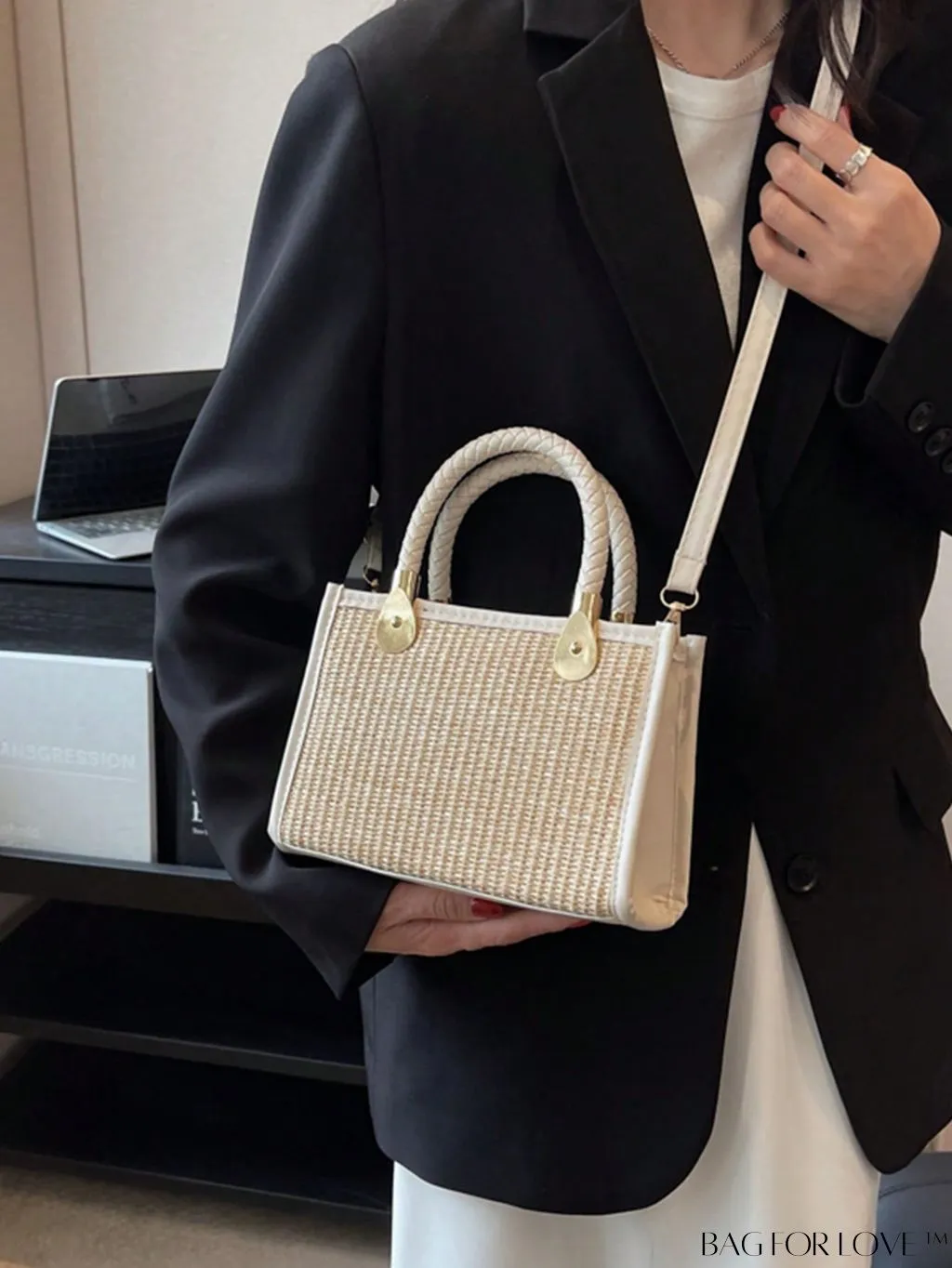 BagForLove - Braided Mini Straw Bag with Zipper Closure and Contrast Binding Detail