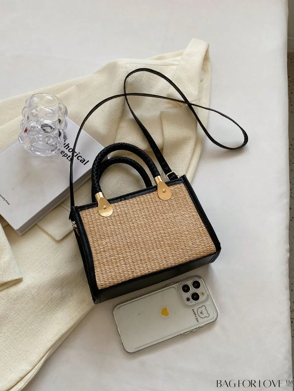 BagForLove - Braided Mini Straw Bag with Zipper Closure and Contrast Binding Detail
