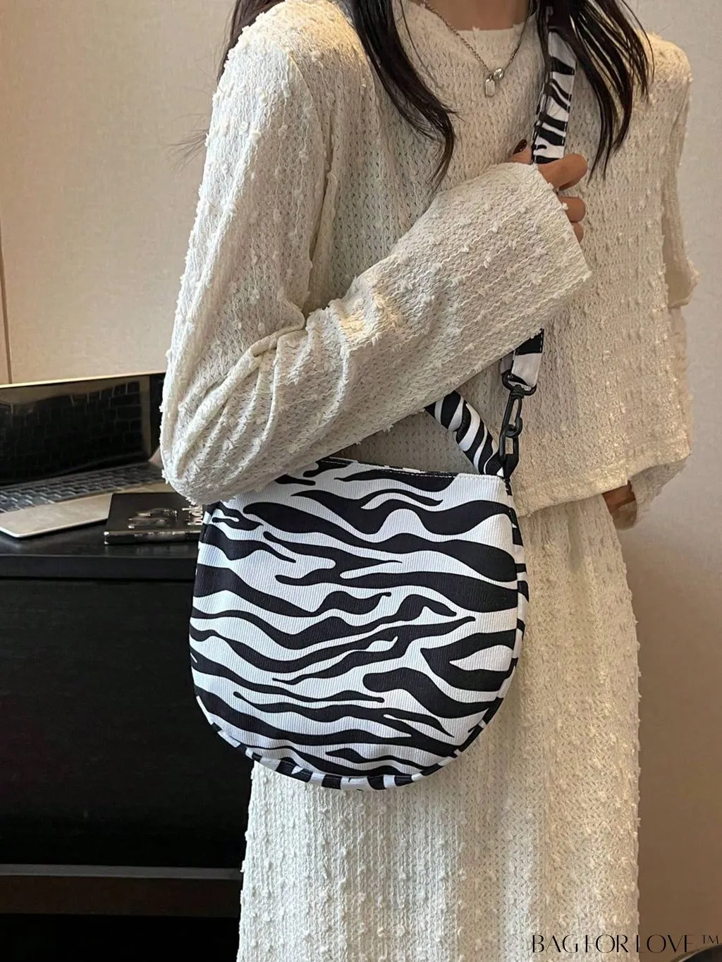 BagForLove - Canvas Zebra Striped Hobo Bag with Top Handle and Zipper Closure - KznStyle