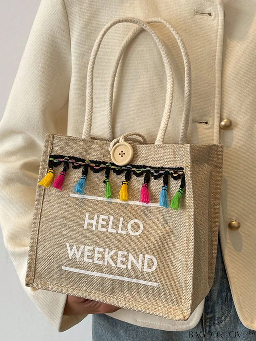 BagForLove - Chic Letter Print Square Bag with Tassel & Button Accents - Ideal for Everyday Use