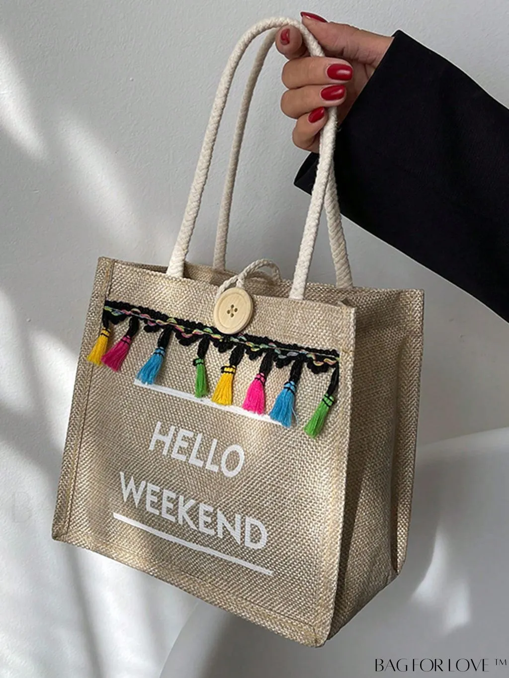 BagForLove - Chic Letter Print Square Bag with Tassel & Button Accents - Ideal for Everyday Use