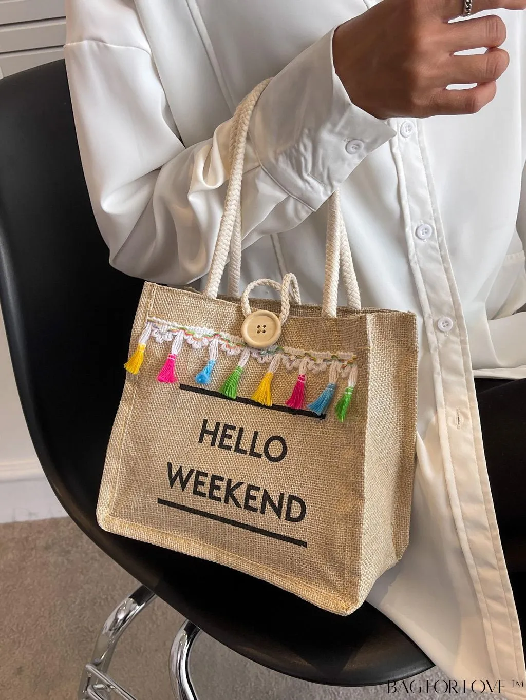 BagForLove - Chic Letter Print Square Bag with Tassel & Button Accents - Ideal for Everyday Use