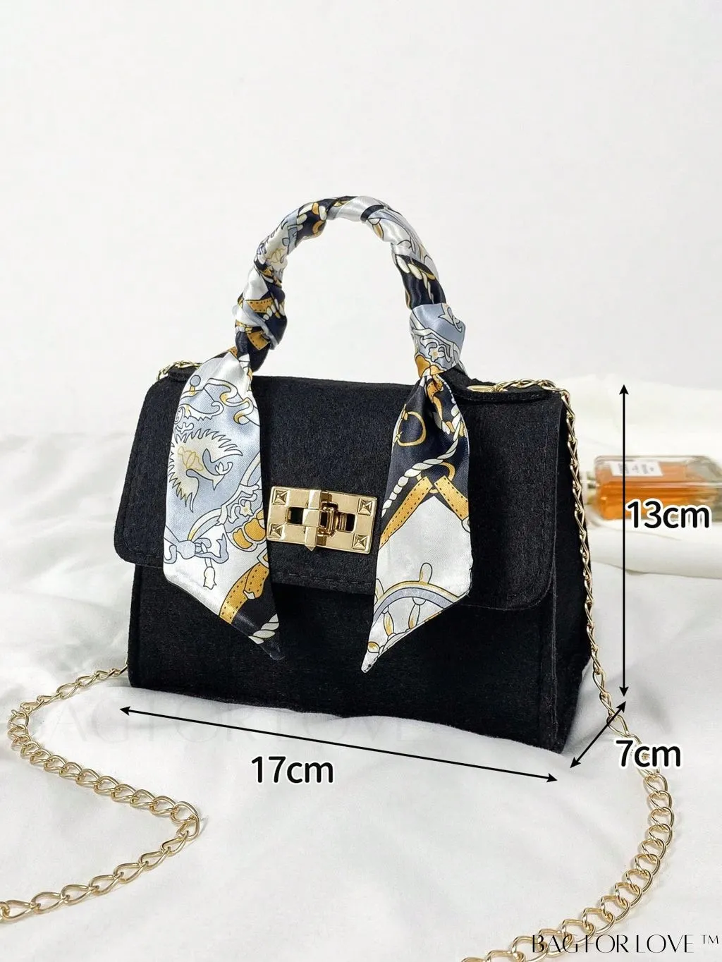 BagForLove - Chic Mini Flap Square Bag with Twilly Scarf and Turn-lock Chain in Polyester