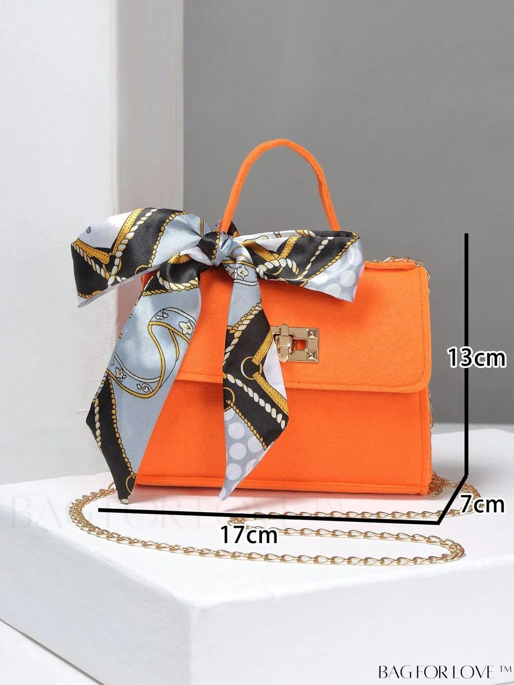 BagForLove - Chic Mini Flap Square Bag with Twilly Scarf and Turn-lock Chain in Polyester