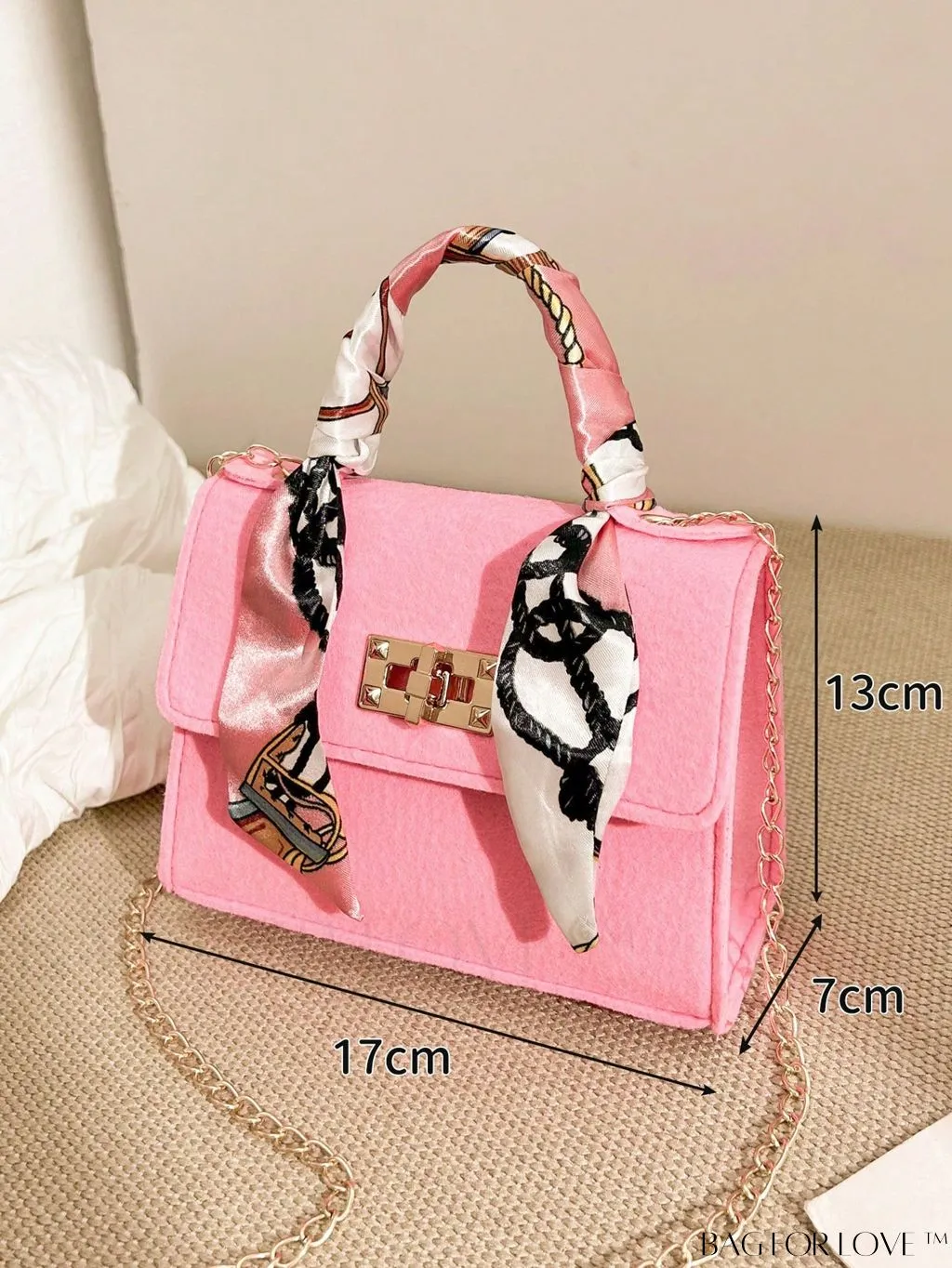 BagForLove - Chic Mini Flap Square Bag with Twilly Scarf and Turn-lock Chain in Polyester