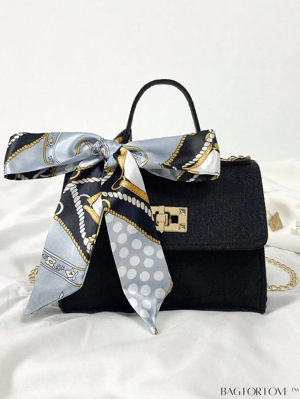 BagForLove - Chic Mini Flap Square Bag with Twilly Scarf and Turn-lock Chain in Polyester