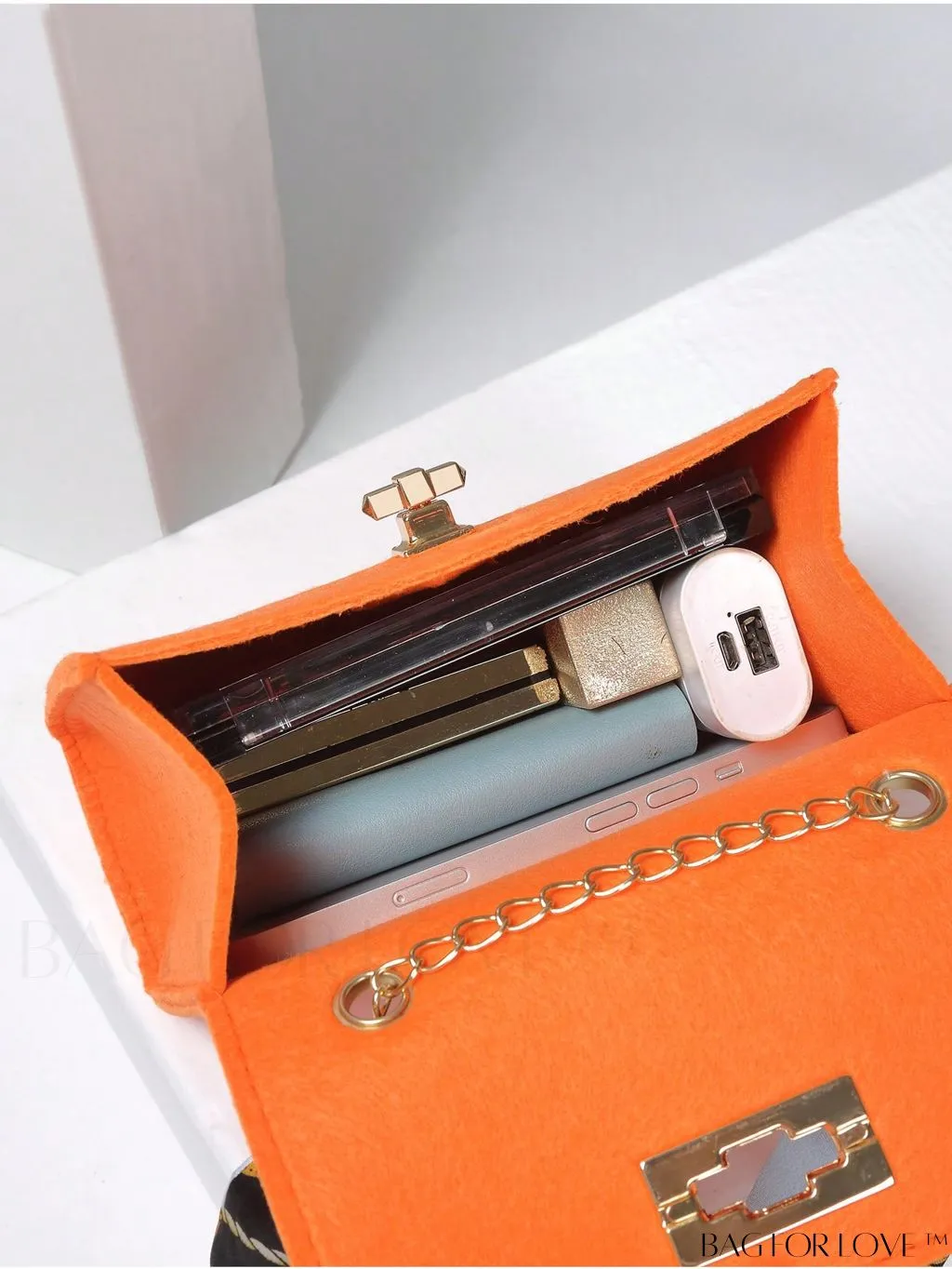 BagForLove - Chic Mini Flap Square Bag with Twilly Scarf and Turn-lock Chain in Polyester