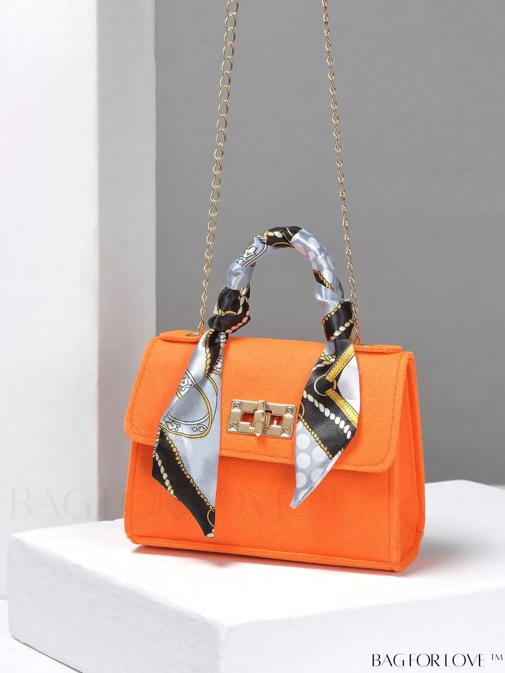 BagForLove - Chic Mini Flap Square Bag with Twilly Scarf and Turn-lock Chain in Polyester