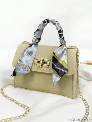 BagForLove - Chic Mini Flap Square Bag with Twilly Scarf and Turn-lock Chain in Polyester