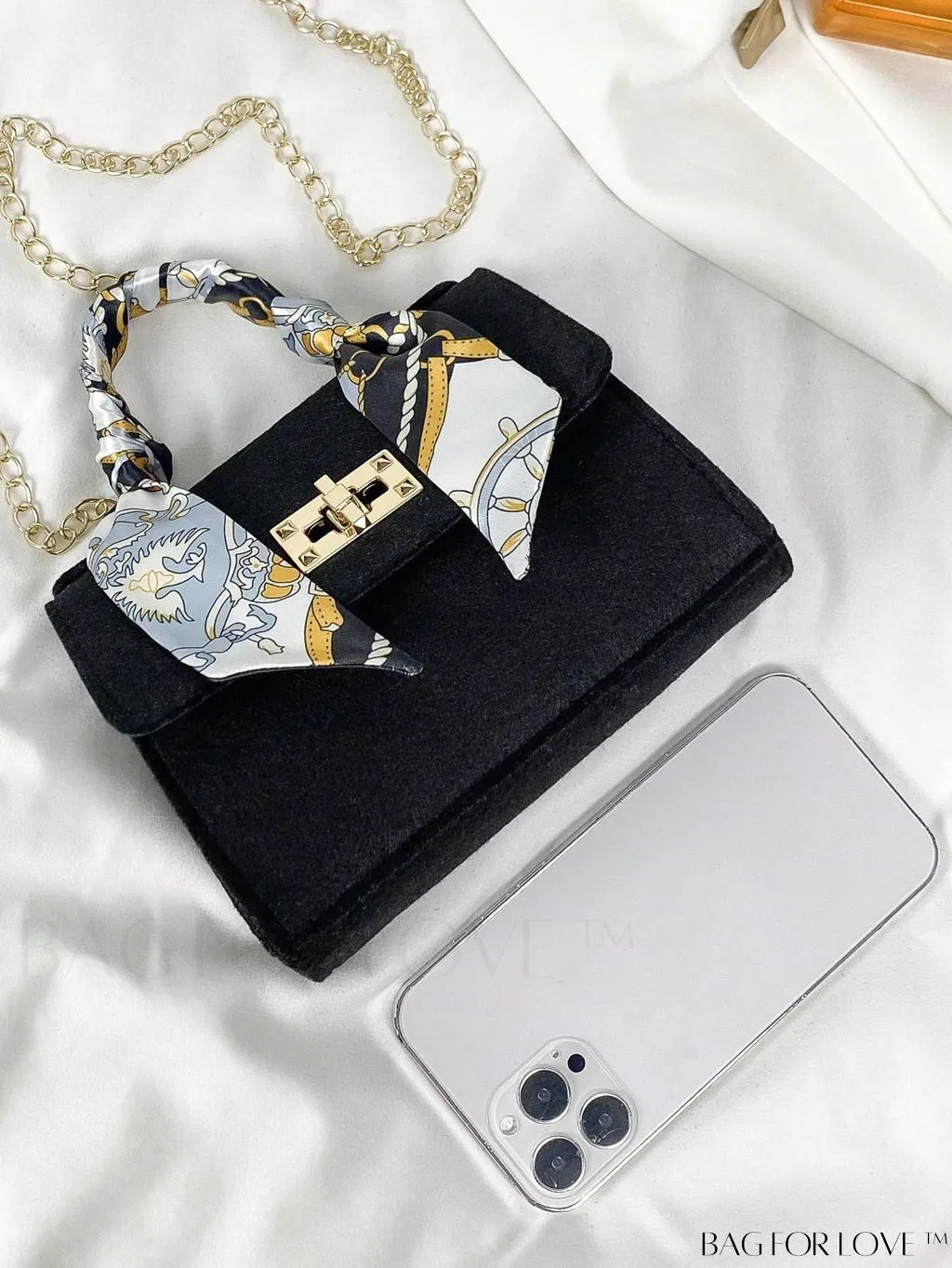 BagForLove - Chic Mini Flap Square Bag with Twilly Scarf and Turn-lock Chain in Polyester