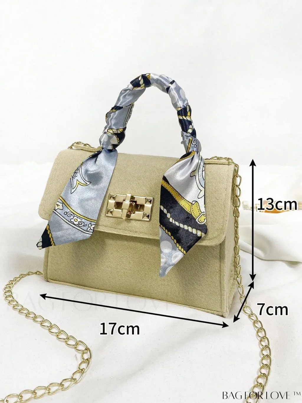 BagForLove - Chic Mini Flap Square Bag with Twilly Scarf and Turn-lock Chain in Polyester
