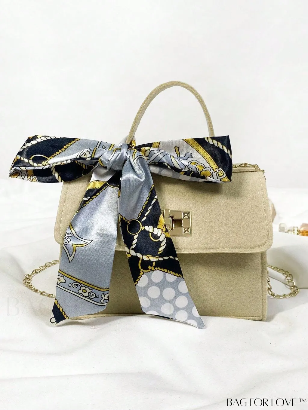 BagForLove - Chic Mini Flap Square Bag with Twilly Scarf and Turn-lock Chain in Polyester