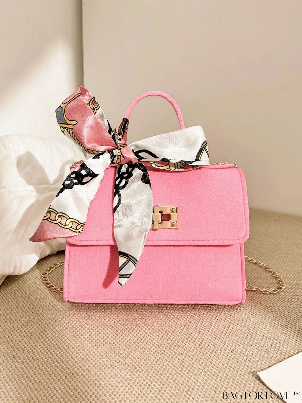 BagForLove - Chic Mini Flap Square Bag with Twilly Scarf and Turn-lock Chain in Polyester