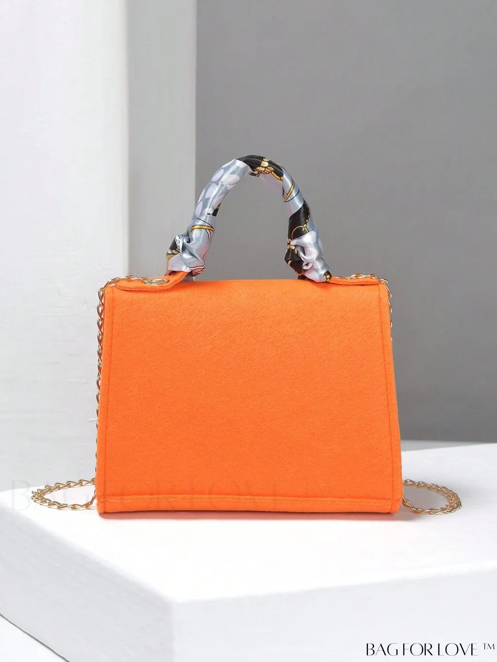 BagForLove - Chic Mini Flap Square Bag with Twilly Scarf and Turn-lock Chain in Polyester