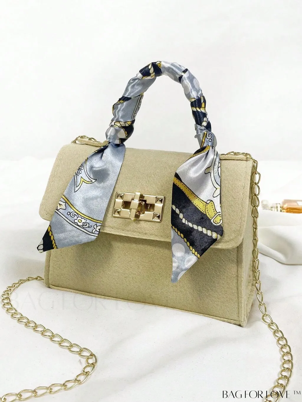BagForLove - Chic Mini Flap Square Bag with Twilly Scarf and Turn-lock Chain in Polyester
