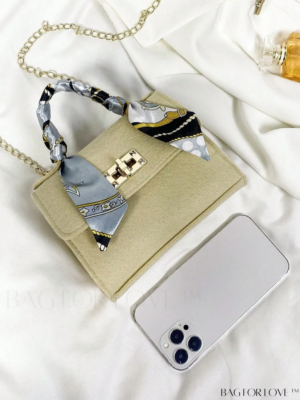 BagForLove - Chic Mini Flap Square Bag with Twilly Scarf and Turn-lock Chain in Polyester