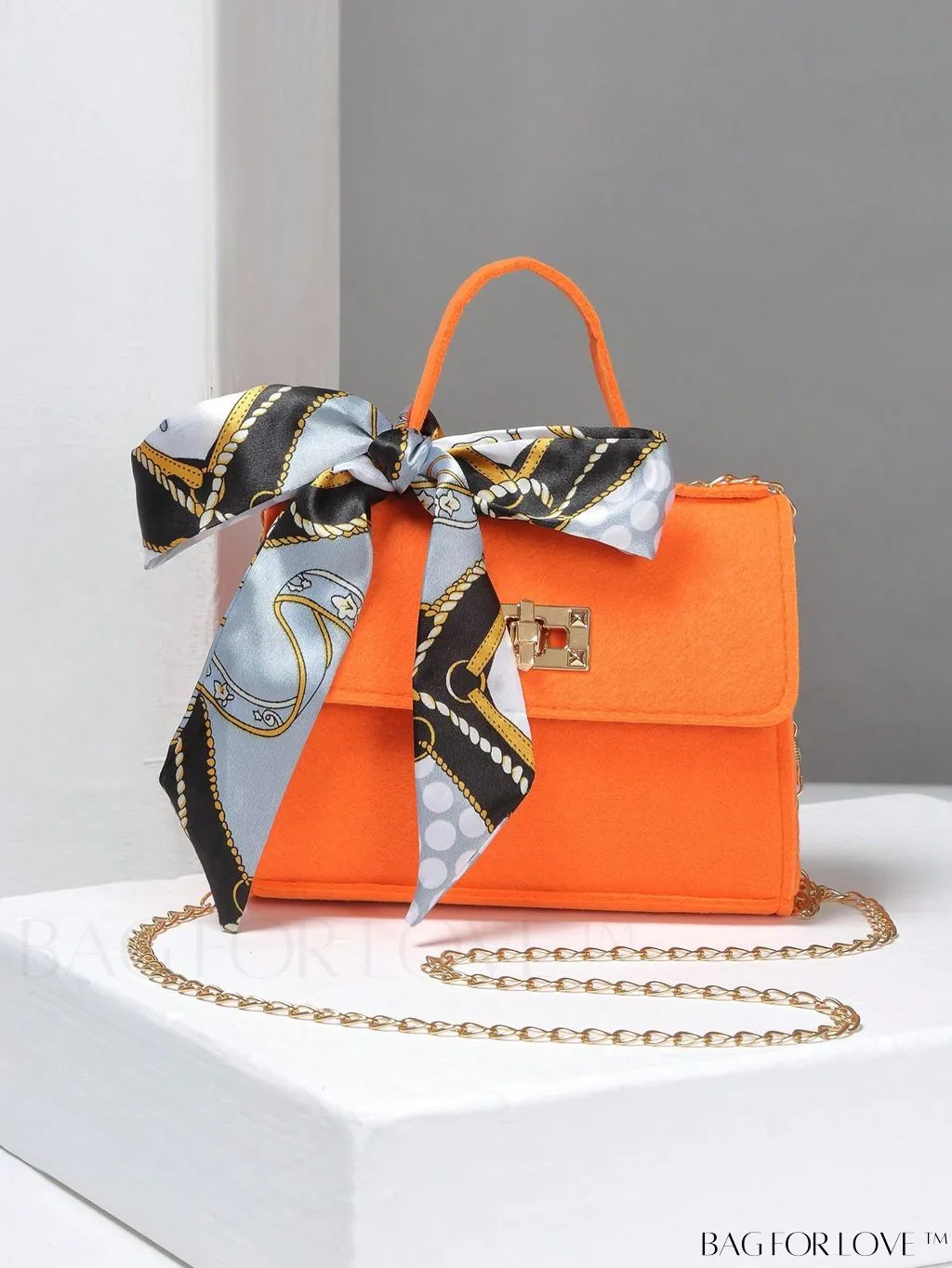 BagForLove - Chic Mini Flap Square Bag with Twilly Scarf and Turn-lock Chain in Polyester