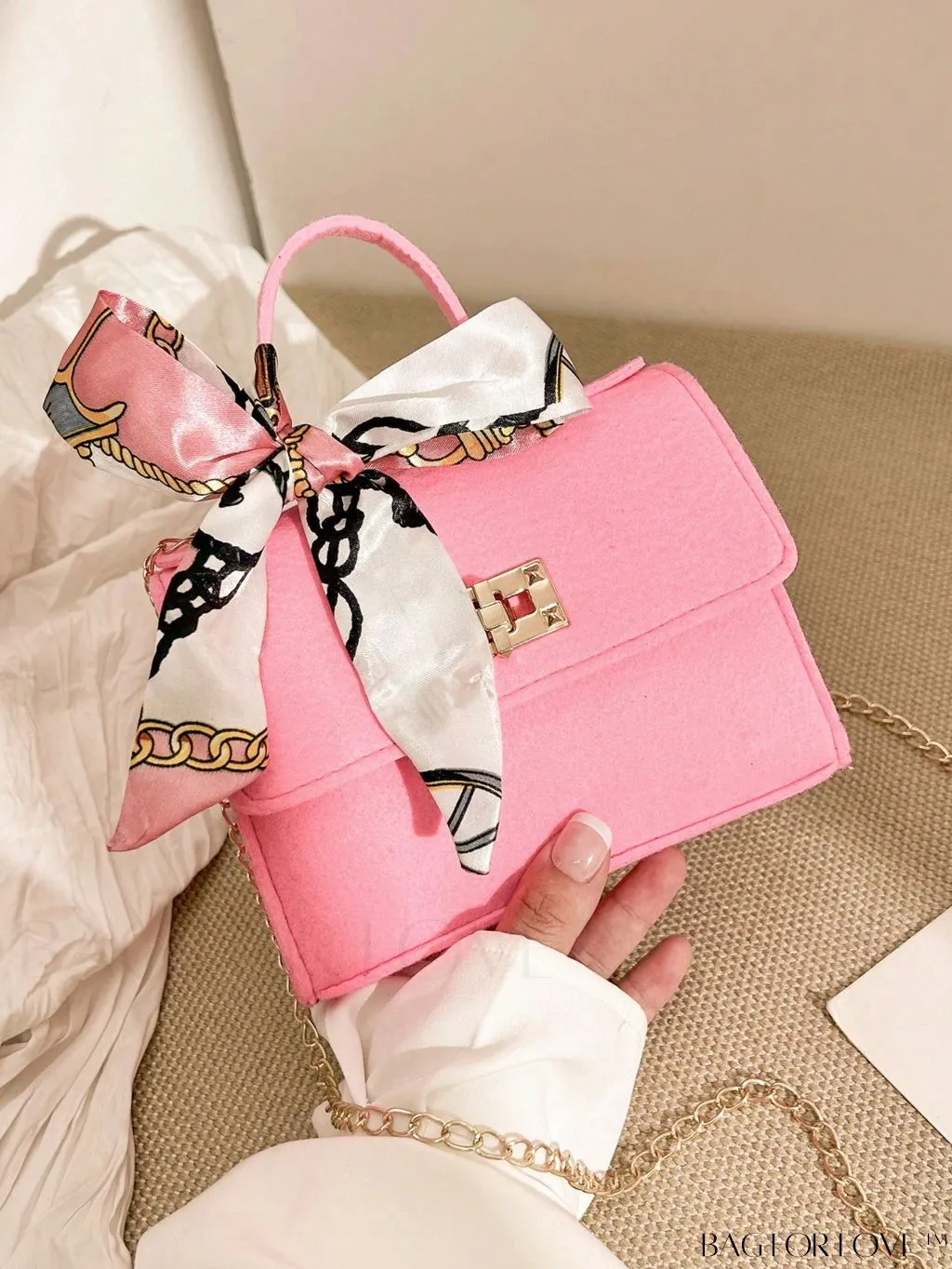 BagForLove - Chic Mini Flap Square Bag with Twilly Scarf and Turn-lock Chain in Polyester