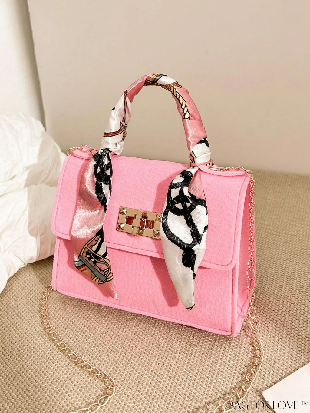 BagForLove - Chic Mini Flap Square Bag with Twilly Scarf and Turn-lock Chain in Polyester