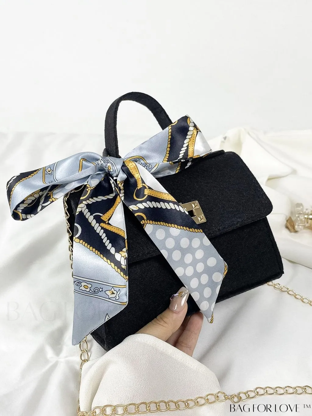 BagForLove - Chic Mini Flap Square Bag with Twilly Scarf and Turn-lock Chain in Polyester