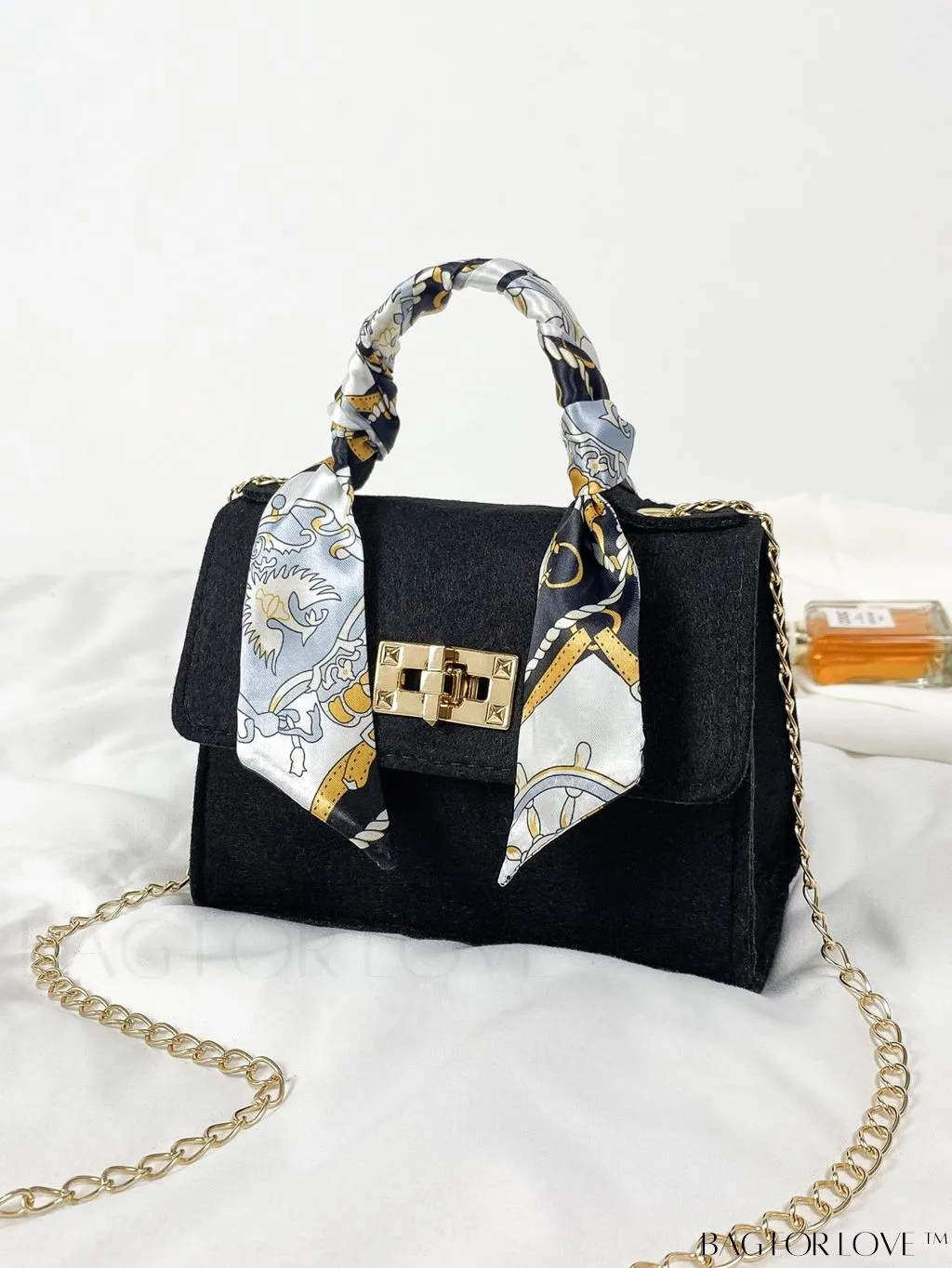 BagForLove - Chic Mini Flap Square Bag with Twilly Scarf and Turn-lock Chain in Polyester