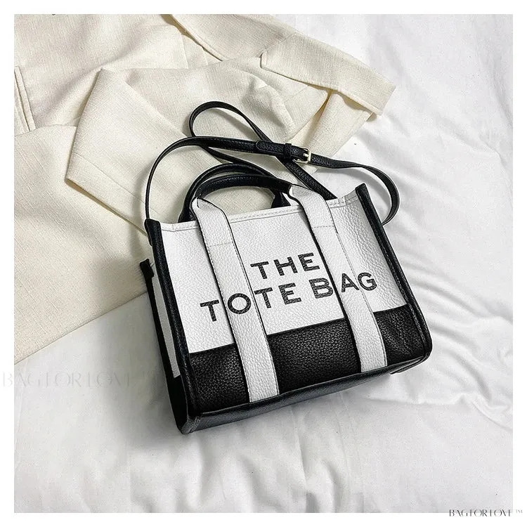 BagForLove - Colorblock Square Bag with Double Handle featuring Letter Graphic and Litchi Embossed Design