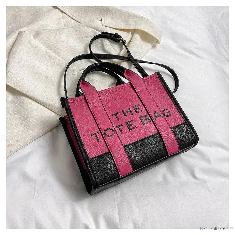 BagForLove - Colorblock Square Bag with Double Handle featuring Letter Graphic and Litchi Embossed Design