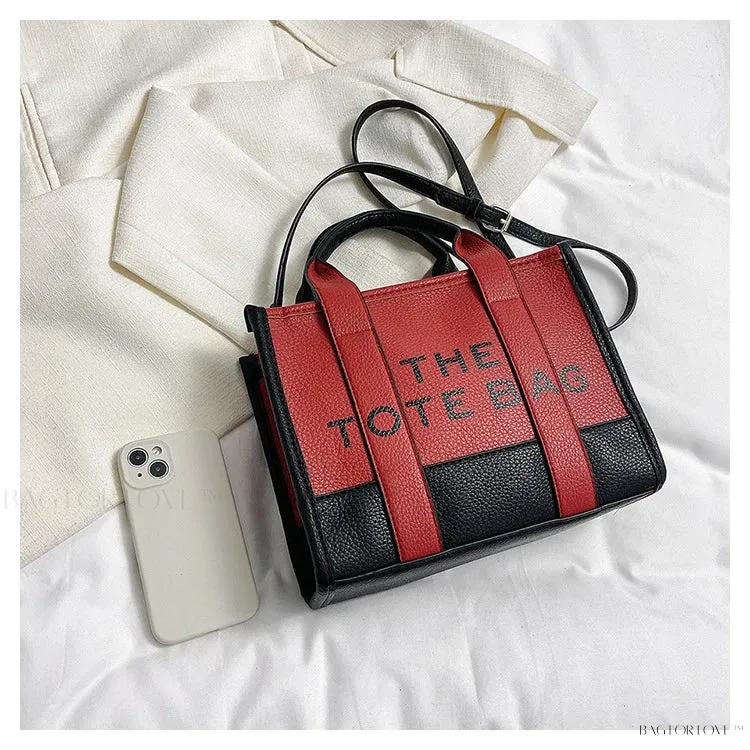 BagForLove - Colorblock Square Bag with Double Handle featuring Letter Graphic and Litchi Embossed Design