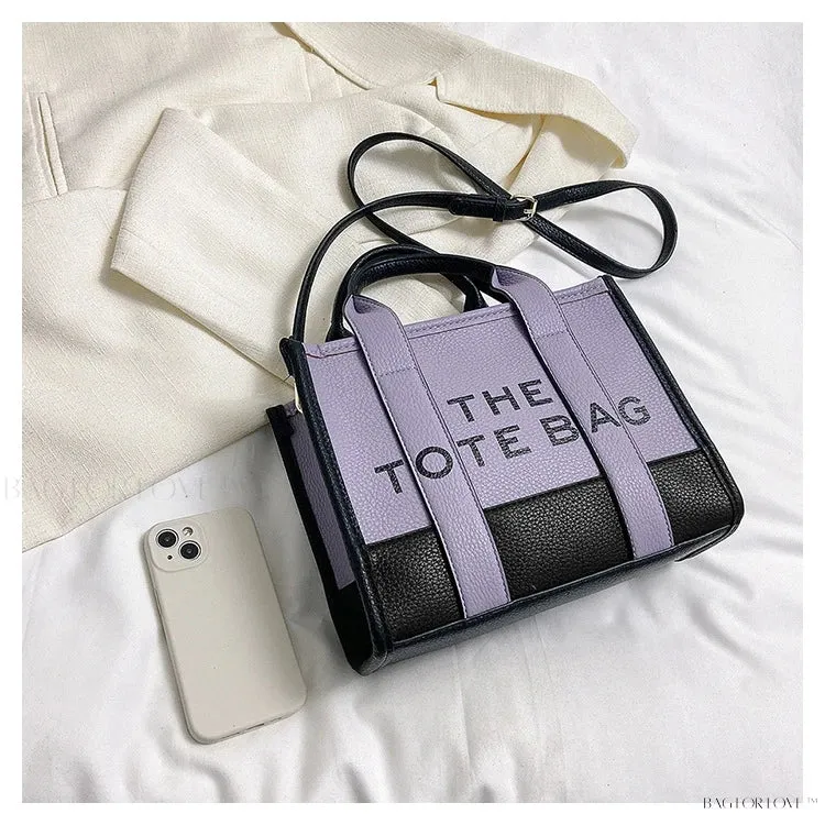 BagForLove - Colorblock Square Bag with Double Handle featuring Letter Graphic and Litchi Embossed Design