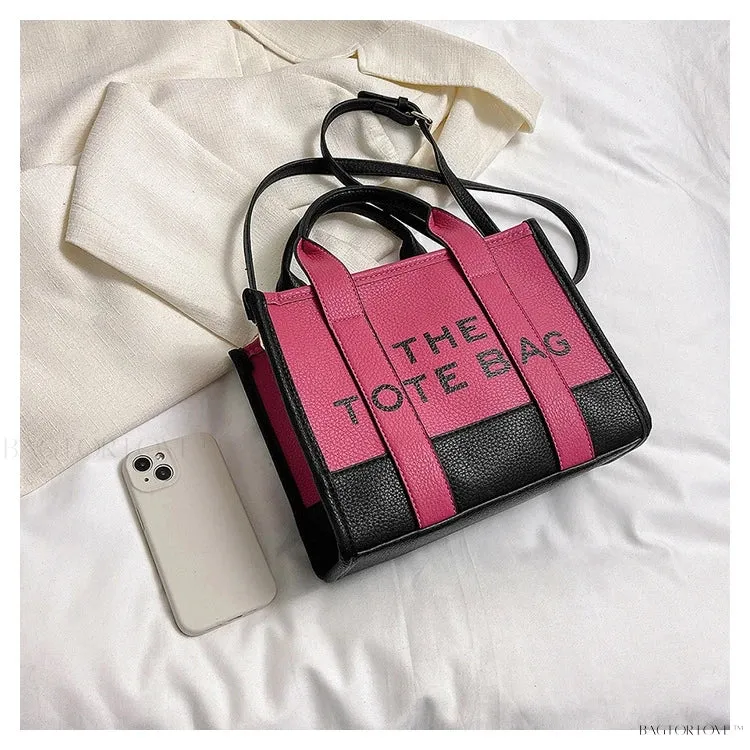 BagForLove - Colorblock Square Bag with Double Handle featuring Letter Graphic and Litchi Embossed Design