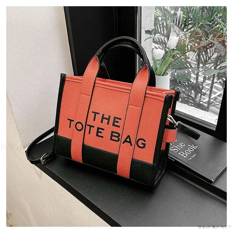 BagForLove - Colorblock Square Bag with Double Handle featuring Letter Graphic and Litchi Embossed Design
