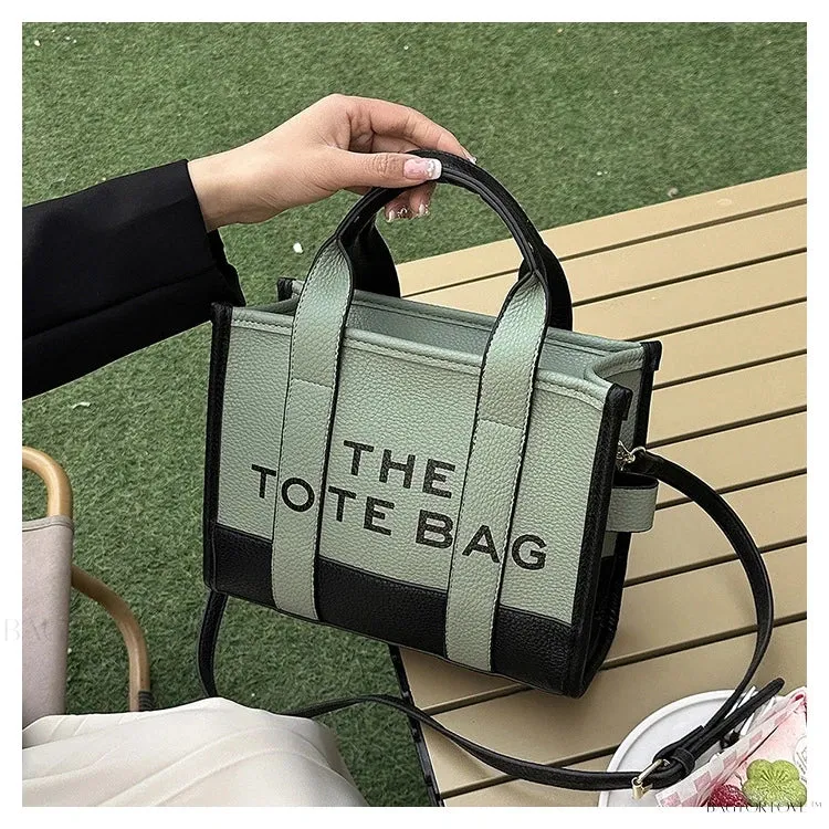 BagForLove - Colorblock Square Bag with Double Handle featuring Letter Graphic and Litchi Embossed Design