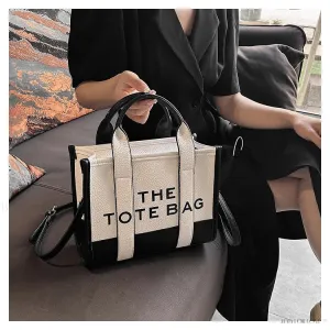 BagForLove - Colorblock Square Bag with Double Handle featuring Letter Graphic and Litchi Embossed Design