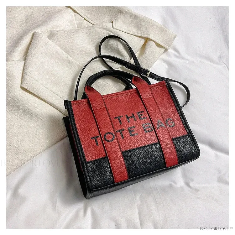 BagForLove - Colorblock Square Bag with Double Handle featuring Letter Graphic and Litchi Embossed Design